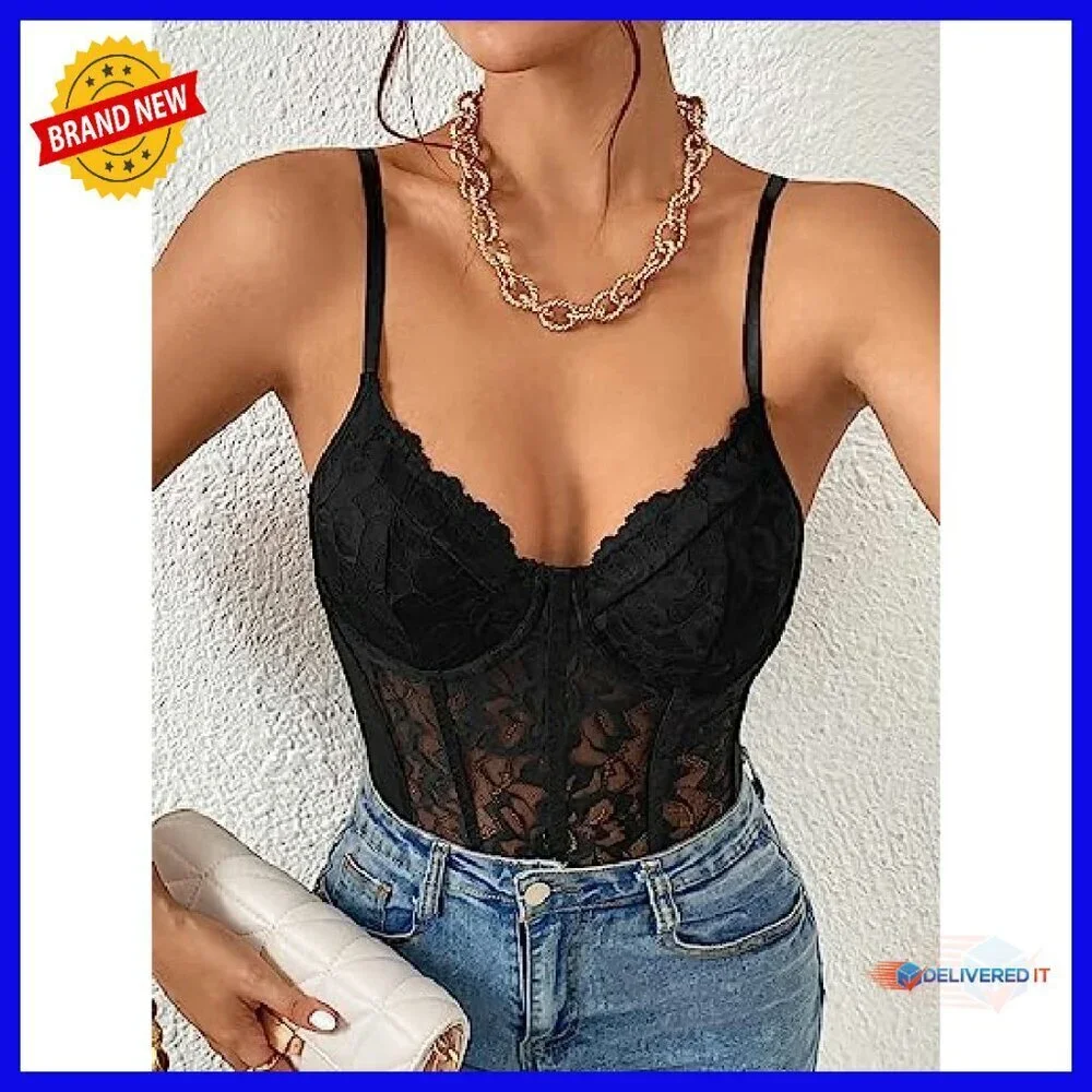 Sheer Mesh Lace Bustier Bodysuit Slim Fit Shapewear Sleeveless